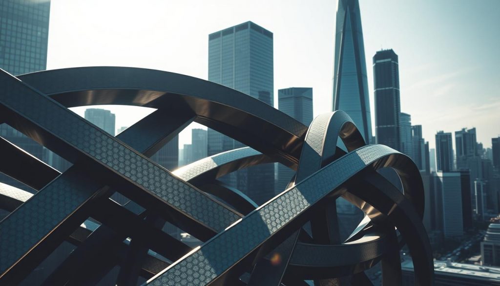 A high-contrast, architectural image of interlocking bonds and securities against a cityscape backdrop. The bonds are rendered in shimmering metallic textures, casting dynamic shadows across a sleek, modern urban environment. The composition emphasizes the complex web of financial instruments, with angular lines and geometric patterns creating a sense of depth and interconnectivity. Dramatic lighting from multiple angles accentuates the bonds' intricate designs and the towering skyscrapers in the distance, conveying the gravity and sophistication of the financial markets. The overall mood is one of power, stability, and the inextricable links between credit, currency, and investment.