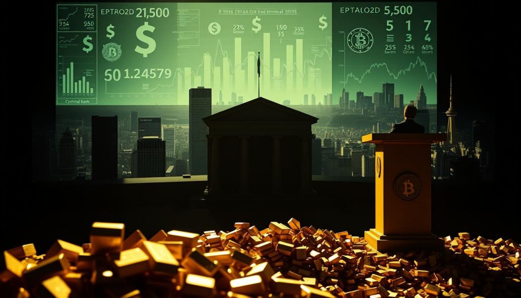 A high-contrast, cinematic scene depicting the complex interplay between monetary policy and the banking system. In the foreground, a towering pillar of gold bullion symbolizes the foundation of the financial system. In the middle ground, a central bank official stands at a podium, delivering a speech against a backdrop of currency symbols and charts projecting economic data. In the distant background, a bustling cityscape represents the broader economy, with skyscrapers and infrastructure reflecting the impact of monetary decisions. Dramatic chiaroscuro lighting casts bold shadows, heightening the sense of gravity and importance. The overall mood is one of seriousness, authority, and the far-reaching consequences of economic policymaking.