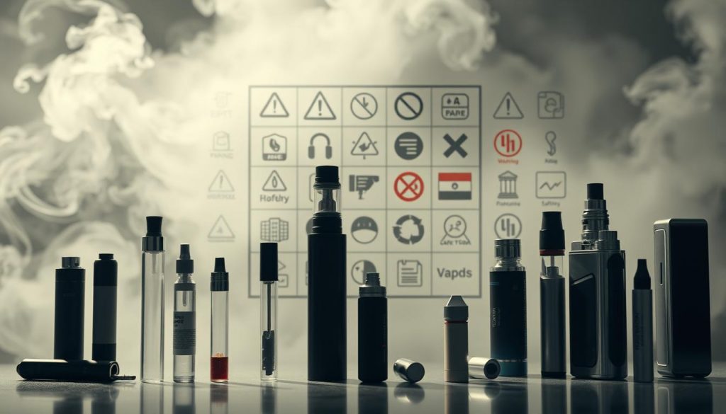 A high-contrast digital illustration depicting electronic cigarette regulations, showcasing a series of icons and symbols representing various policies and guidelines. In the foreground, a group of e-cigarettes and vaping devices are displayed, their colors muted and their forms subtly distorted to convey the notion of a "risky illusion." The middle ground features a grid-like arrangement of icons, including warning labels, age restrictions, and safety certifications, suggesting the complex web of regulations surrounding the industry. The background is hazy and atmospheric, with subtle gradients and muted tones to create a sense of uncertainty and ambiguity, reflecting the ongoing debates around the safety and efficacy of vaping products.