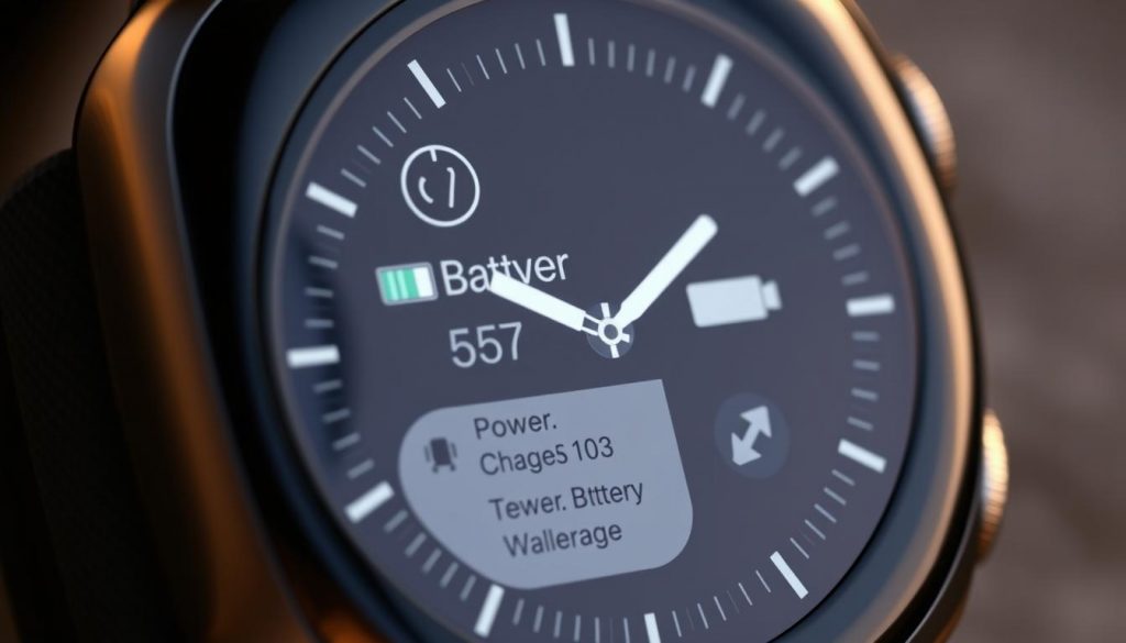 A high-resolution, detailed render of an Apple Watch Ultra 3 display showing battery performance metrics. The watch face is presented in a close-up, three-quarter view, capturing the intricate digital interface in sharp focus. The display shows a comprehensive battery status dashboard, including current charge level, estimated runtime, and power optimization settings. The screen is illuminated with a warm, natural lighting that casts subtle shadows, emphasizing the depth and clarity of the information. The surrounding bezel is rendered with precision, highlighting the rugged, adventure-ready design of the wearable. The image conveys a sense of reliability and durability, reflecting the "Battery and performance that last when it matters" section of the article.