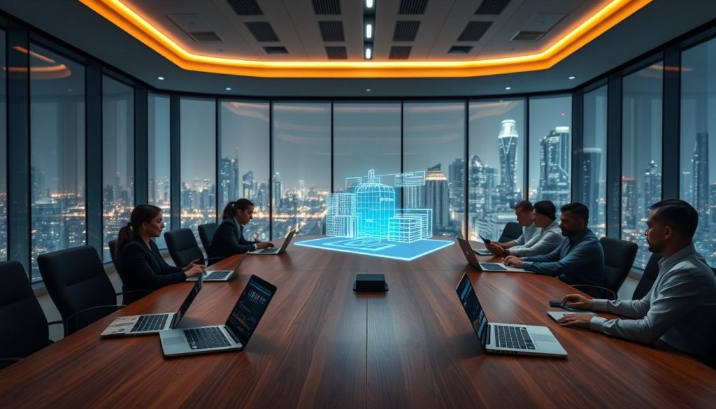 A high-tech boardroom with an expansive, glass-walled view of a futuristic city skyline. In the foreground, a long wooden table is adorned with sleek, state-of-the-art laptops and tablets, hinting at an ongoing merger and acquisition discussion. The lighting is soft and ambient, casting a warm glow on the proceedings. In the center, a 3D holographic model of a company's structure and finances hovers, with team members analyzing the data intently. The mood is one of intense focus and deliberation, as the participants navigate the complexities of merging two organizations in the age of artificial intelligence, exploring how automation could streamline the due diligence process.