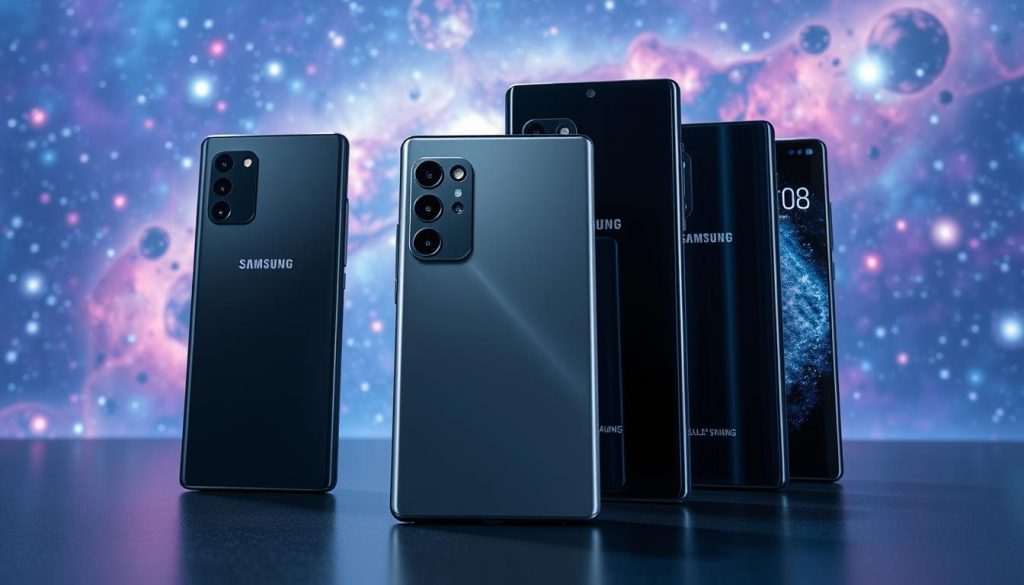 A high-tech comparison of the latest Samsung flagship smartphones, showcased in a striking, futuristic composition. In the foreground, the sleek and sophisticated Samsung Galaxy S25 FE takes center stage, its metallic chassis gleaming under crisp, directional lighting. Flanking it, the flagship Galaxy S25 models stand tall, their curved displays and seamless designs creating a harmonious visual balance. In the background, a lush, holographic galaxy backdrop adds a sense of cosmic grandeur, hinting at the advanced technology powering these devices. The overall scene evokes a sense of innovation, performance, and the cutting edge of mobile technology.