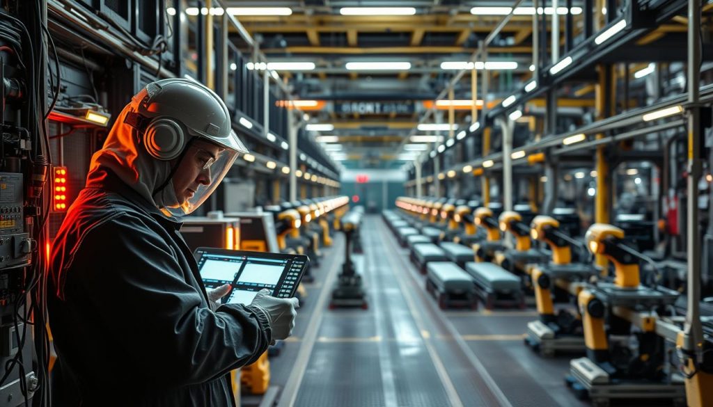 A high-tech manufacturing facility, the interior dimly lit with a warm glow. In the foreground, an engineer in a protective suit meticulously restarts a series of complex electronic systems, the glow of displays casting shadows across their face. In the middle ground, rows of robotic assembly lines stand silent, awaiting the restart sequence. The background is filled with a maze of pipes, wires, and machinery, hinting at the scale and complexity of the JLR supply chain. The atmosphere is one of focus and determination, as the engineer works to stabilize the critical systems and prepare for the resumption of production.