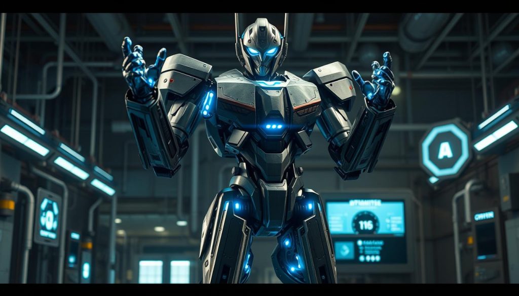 A highly detailed, cinematic rendering of the Optimus robot, a humanoid AI-powered machine, standing in a futuristic industrial setting. The robot's metallic frame is sleekly designed, with intricate mechanical components and glowing blue energy conduits visible. The Optimus is depicted in a powerful, action-ready pose, its arms raised and its movements frozen in time, showcasing its impressive capabilities. Dramatic lighting casts dramatic shadows, emphasizing the robot's mechanical features and technological advancements. The background is a sparse, high-tech environment with industrial machinery and holographic displays, hinting at the advanced technological capabilities that power the Optimus robot. The overall scene conveys a sense of awe and wonder at the potential of this cutting-edge AI-driven machine.
