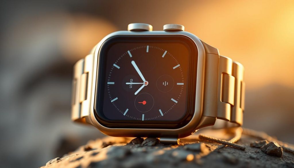 A highly detailed close-up view of the Apple Watch Ultra, showcasing its rugged safety features. The watch is positioned in the center, illuminated by a warm, natural lighting that casts subtle shadows, highlighting its titanium casing and vibrant display. The background is blurred, drawing the viewer's attention to the various sensors and buttons on the watch's surface, including the Action button, the digital crown, and the side button. The overall composition conveys a sense of durability, precision, and advanced functionality, hinting at the watch's potential to keep the wearer safe in diverse environments.