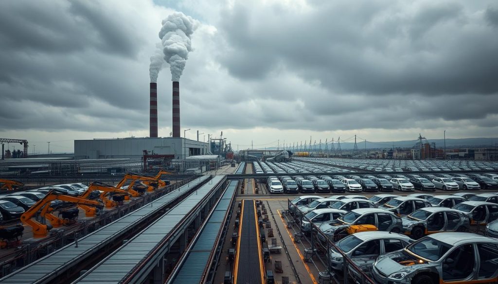 A large industrial factory looms in the foreground, its towering smokestacks belching thick plumes of smoke against a moody, overcast sky. In the middle ground, rows of assembly lines and robotic arms stand idle, conveyor belts motionless, highlighting the eerie stillness of the production line. In the background, a sea of neatly parked, half-assembled vehicles suggests the scale of the disruption, their gleaming bodies awaiting the final touches that cannot be delivered. The scene conveys a sense of profound economic impact, the reverberating consequences of a sudden, unexpected halt in the gears of industry.