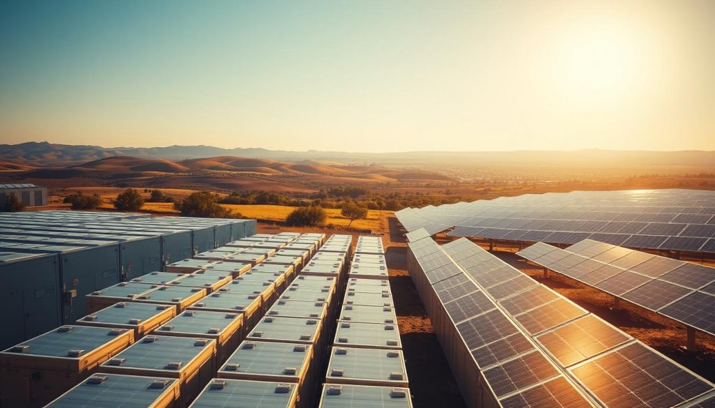 A large-scale battery energy storage system set against the backdrop of a vibrant, sun-drenched landscape. In the foreground, sleek, modern battery modules arranged in a modular, grid-like formation, their metallic casings gleaming under the warm, golden lighting. The middle ground features rows of solar panels, their surfaces angled to capture the abundant sunlight, seamlessly integrated into the energy storage system. In the distant background, a panoramic view of rolling hills or a cityscape, emphasizing the system's role in a broader clean energy ecosystem. The overall atmosphere conveys a sense of technological innovation, sustainability, and the future of renewable power generation.