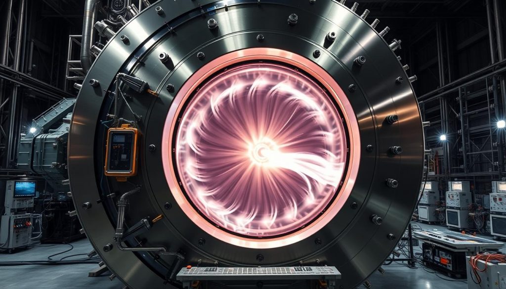 A large, sleek fusion reactor chamber dominates the foreground, its metallic exterior gleaming under harsh industrial lighting. Inside, a swirling plasma vortex pulses with intense energy, harnessing the power of nuclear fusion. In the middle ground, complex control panels and monitoring equipment surround the reactor, showcasing the technological sophistication required to tame this primal force of nature. The background fades into a dimly lit industrial setting, highlighting the scale and ambition of this quest for the "Holy Grail" of energy - a clean, abundant, and sustainable power source for the future.