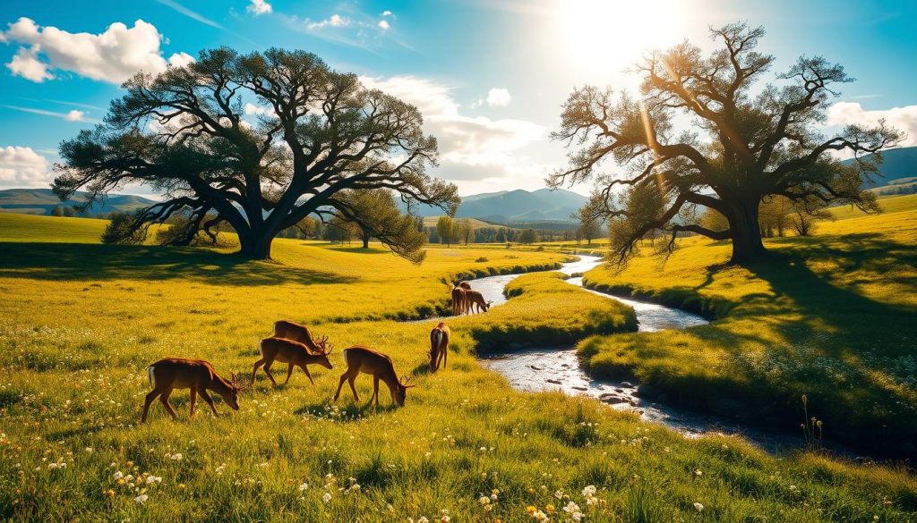 A lush, verdant meadow carpeted with wildflowers, bathed in warm, golden sunlight filtering through wispy clouds. In the foreground, a family of deer graze peacefully, their movements graceful and tranquil. In the middle ground, a crystal-clear stream winds its way through the landscape, its gentle flow a soothing backdrop. Towering, ancient oak trees line the banks, their branches reaching skyward, providing a canopy of shade and shelter. In the distance, rolling hills and a azure sky create a sense of depth and tranquility. The scene exudes an atmosphere of harmony and nature's timeless beauty, a bright spot of environmental stewardship and conservation.