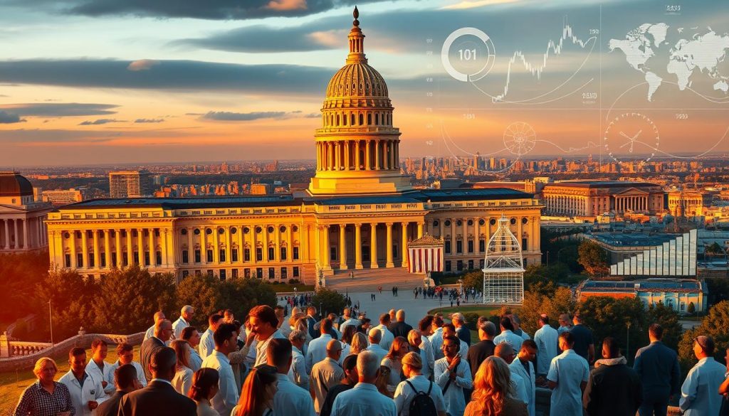 A majestic, towering government building stands tall, its grand facade bathed in warm, golden light. In the foreground, a bustling scene of scientists, innovators, and policymakers engage in animated discussions, their faces alight with the promise of new discoveries and advancements. The middle ground is dotted with intricate charts, graphs, and data visualizations, illuminating the financial and legislative backdrop that supports the nation's research and development efforts. In the distance, a sprawling cityscape stretches out, symbolizing the far-reaching impact of these initiatives. The overall atmosphere conveys a sense of momentum, collaboration, and a steadfast commitment to cementing the country's position as a global leader in R&D.