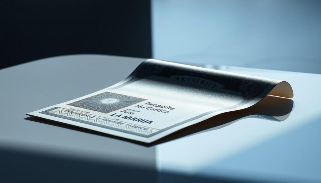 A meticulously crafted identity document lies on a sleek, reflective surface, its intricate security features casting mesmerizing patterns under stark, directional lighting. The document's edges are slightly curled, hinting at the digital manipulation that has transformed it into a sophisticated deepfake. Surrounding the document, a subtle haze of digital artifacts obscures the true nature of this forgery, creating an unsettling atmosphere of technological deception. In the background, a backdrop of muted grays and blues suggests the high-stakes world of modern fraud, where AI-powered tools pose an ever-evolving threat.