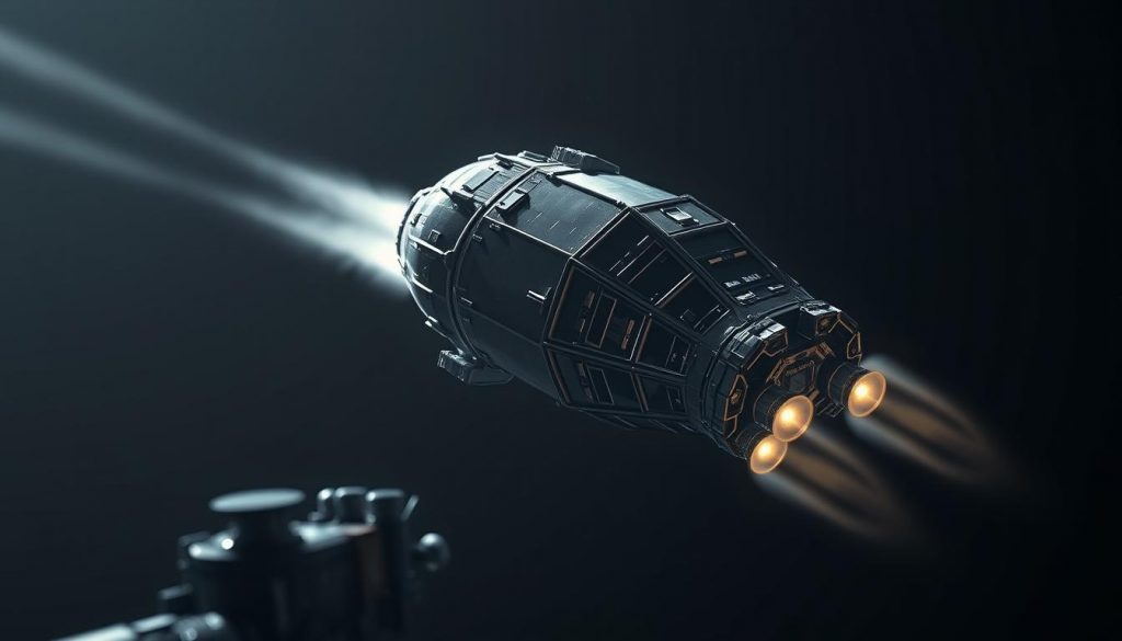 A meticulously detailed one inch principle spacecraft, hovering mid-flight against a backdrop of the inky void of space. The craft's sleek, aerodynamic frame glistens under the soft, directional illumination, revealing intricate paneling and subtle thrusters. Wispy streams of exhaust trail from its engines, hinting at its immense power and capability to navigate the celestial expanse. In the foreground, various scientific instruments and sensor arrays protrude, ready to gather critical data for China's ambitious asteroid deflection mission. The scene exudes a sense of technological sophistication and scientific purpose, perfectly encapsulating the design, data, and deflection goals of this groundbreaking endeavor.