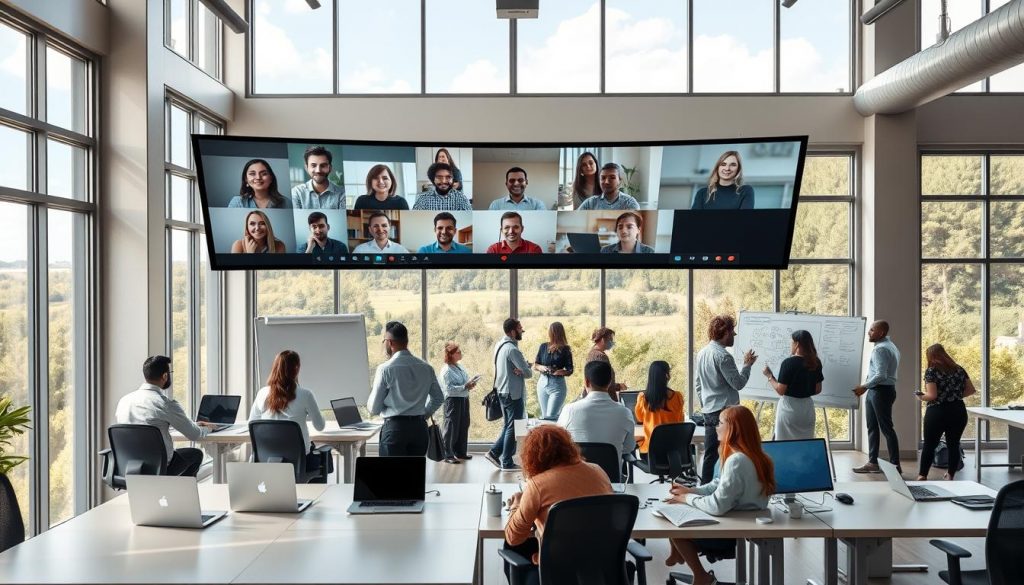 A modern, airy office space with large windows, natural light filtering in. In the foreground, a team of remote workers collaborating via video call, their faces displayed on a large curved monitor. Laptops, whiteboards, and ergonomic furniture create a productive, focused atmosphere. In the middle ground, employees working independently at standing desks, a huddle of colleagues brainstorming ideas on a digital whiteboard. The background features a serene outdoor view, lush greenery and a cloudless sky, conveying a sense of balance and well-being. The overall scene showcases the harmonious integration of remote and in-office practices for a thriving, flexible workforce.