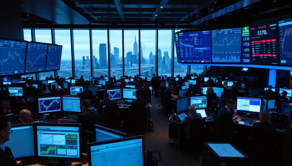 A modern, high-tech stock exchange floor in the heart of London, UK. Rows of digital trading terminals and large screens displaying real-time market data bathed in a cool, blue-tinted lighting. Brokers and analysts intently scanning charts and graphs, their expressions reflecting the volatility of the day's trading. In the background, the iconic silhouette of the London skyline is visible through tall windows, hinting at the global reach of the UK's financial markets. The scene conveys a sense of controlled chaos, where cutting-edge technology and human expertise converge to navigate the ever-changing tides of the stock market.