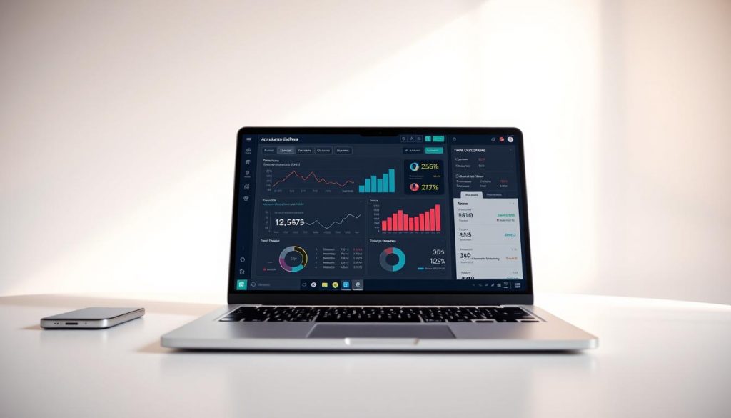 A modern, minimalist accounting software interface displayed on a sleek silver laptop, set against a clean, bright background. The software features a dashboard with intuitive icons, charts, and graphs showcasing financial data. The layout is well-organized, with a focus on user-friendly navigation and clear data visualization. Subtle lighting casts a warm glow, creating a professional yet approachable atmosphere. The entire scene conveys a sense of efficiency, simplicity, and technological sophistication tailored for the needs of small and medium-sized enterprises.