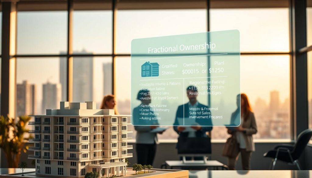 A modern, minimalist real estate office with large windows overlooking a city skyline. In the foreground, a model of a residential building with a &quot;Fractional Ownership&quot; sign. Floating above it, a transparent 3D hologram displaying detailed property information, ownership shares, and investment options. The middle ground features a team of real estate agents discussing plans with potential investors, their expressions conveying a sense of accessibility and inclusivity. The background is bathed in warm, natural lighting, creating a calming, professional atmosphere. The overall scene emphasizes the concept of fractional real estate investing, making high-value assets available to a wider audience.