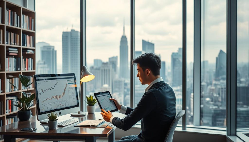 A modern office interior with large windows overlooking a bustling city skyline. In the foreground, a young professional sits at a desk, engrossed in a tablet display filled with financial charts and graphs. The desk is neatly organized with a sleek computer, a potted plant, and a stylish desk lamp providing warm, focused lighting. In the middle ground, floor-to-ceiling bookcases line the walls, filled with financial journals and investment strategy guides. The background features the towering silhouettes of skyscrapers, hinting at the fast-paced world of high finance. The overall atmosphere is one of focus, determination, and a sense of being at the cutting edge of investment strategy.