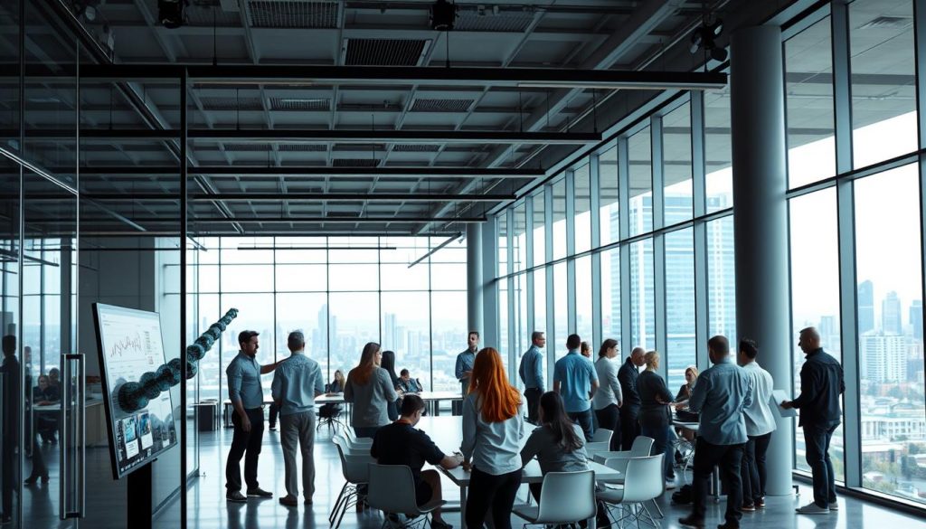 A modern open-concept office with sleek glass walls and minimalist furniture. In the foreground, a group of colleagues gathered around a large touchscreen display, intently analyzing data visualizations and dashboards. The middle ground features a team huddle, people discussing insights and brainstorming at a long conference table. The background showcases an expanse of large windows, letting in natural light and offering a panoramic view of a bustling cityscape. An atmosphere of collaboration, curiosity, and a shared commitment to data-driven decision-making permeates the scene.