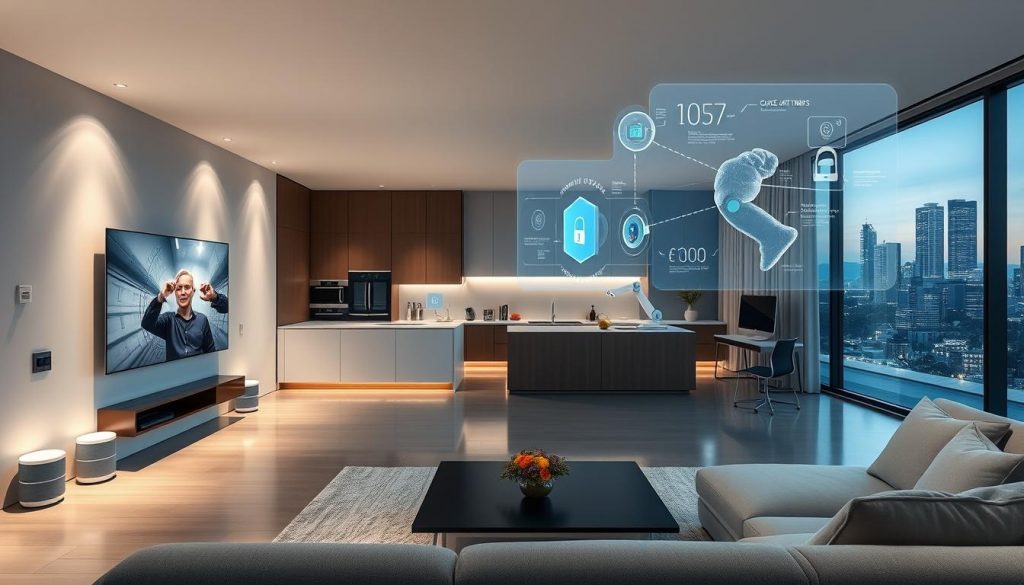A modern, sleek home interior showcasing Samsung's SmartThings AI system. In the foreground, a minimalist living room with a large, curved OLED television mounted on the wall, surrounded by voice-controlled smart speakers. The middle ground features a state-of-the-art kitchen filled with connected appliances, a touchscreen control panel, and a robotic arm assisting with meal preparation. In the background, a home office with a desk, computer, and a holographic display projecting real-time data and home automation controls. Soft, diffused lighting creates a warm, futuristic ambiance, while large windows offer panoramic views of a smart city skyline. The scene conveys the seamless integration of cutting-edge technology within a stylish, comfortable living environment.