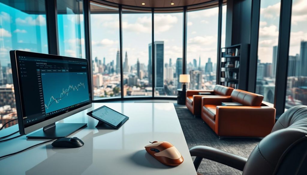 A modern, sleek investment office with large windows overlooking a dynamic cityscape. In the foreground, a clean, minimalist workspace with a high-end desktop computer, a tablet displaying financial data, and a tactile, ergonomic mouse. The middle ground features a comfortable seating area with a plush leather sofa and armchair, surrounded by shelves of financial books and reports. The background depicts the bustling city outside, with skyscrapers, bridges, and a hint of a vibrant, technology-driven economy. Warm, natural lighting filters in, creating a sense of productivity and wealth management. The overall atmosphere conveys a data-driven, technology-focused approach to personal finance and investment.