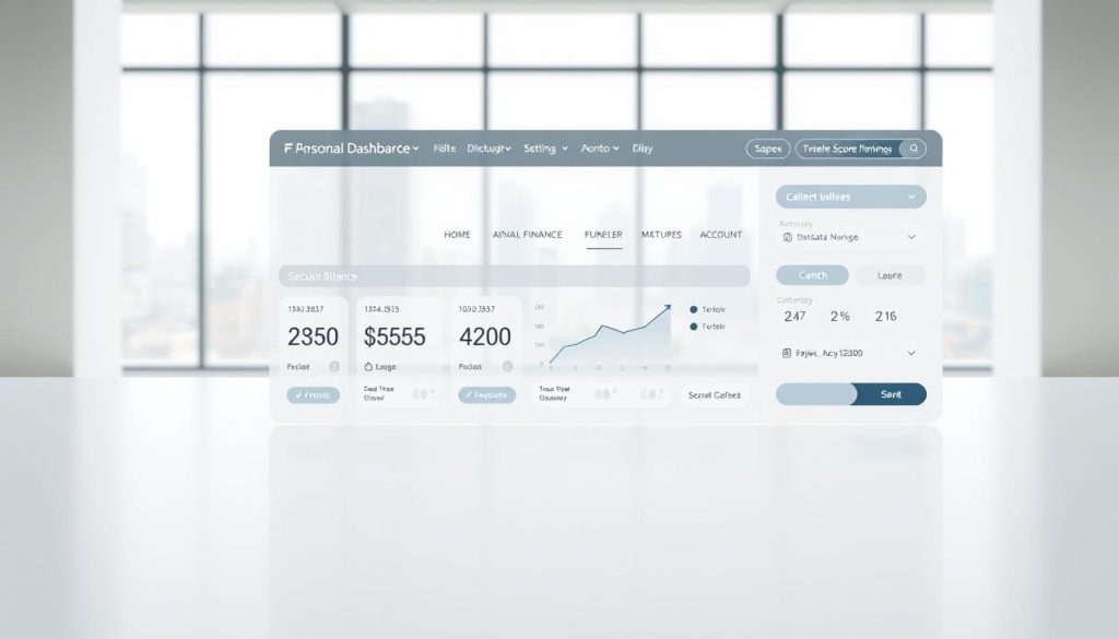 A modern, well-designed personal finance dashboard presented against a clean, minimalist backdrop. In the foreground, a series of elegantly rendered account balance tiles, each displaying a crisp, high-contrast number set against a subtle gradient. In the middle ground, a set of smooth, responsive user interface elements - toggles, dropdowns, and buttons - allowing for seamless account management. The background features a soft, blurred cityscape visible through large, expansive windows, conveying a sense of urban sophistication. The lighting is bright and even, creating a sense of clarity and focus. The overall atmosphere is one of streamlined efficiency and intuitive control.