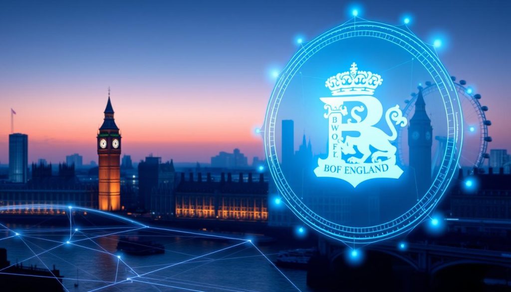 A modernistic, digital illustration depicting the regulation of a UK digital currency. In the foreground, a futuristic, holographic representation of the Bank of England's emblem and logo hovers, emitting a soft, blue glow. In the middle ground, a series of geometric shapes and lines intersect, symbolizing the complex regulatory frameworks and policies governing the digital currency. The background features a cityscape of London, with iconic landmarks like the Big Ben and the London Eye visible, all rendered in a sleek, minimalist style. The overall tone is one of technological sophistication and financial stability, conveying the UK's vision for a well-regulated, secure digital currency ecosystem.