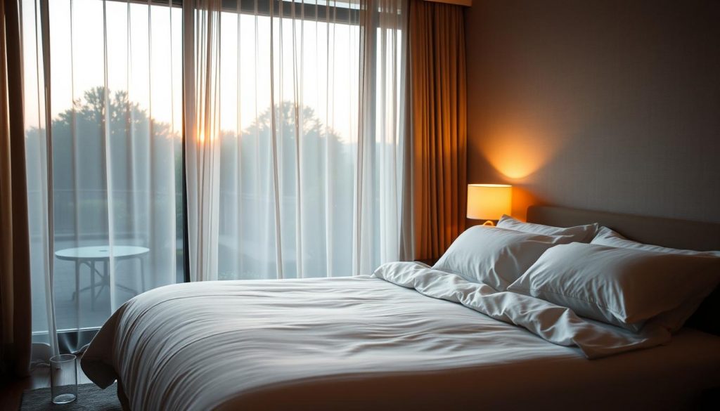A peaceful bedroom at dusk, with soft, warm lighting filtering through sheer curtains. A plush king-size bed takes center stage, adorned with crisp white linens and a cozy duvet. Beside the bed, a minimalist bedside table holds a glass of water and a small, glowing lamp. In the background, a large window overlooks a serene garden, hinting at the calm and tranquility beyond. The atmosphere is one of quiet contemplation and rest, inviting the viewer to step into this sanctuary and experience the restorative power of a good night's sleep.
