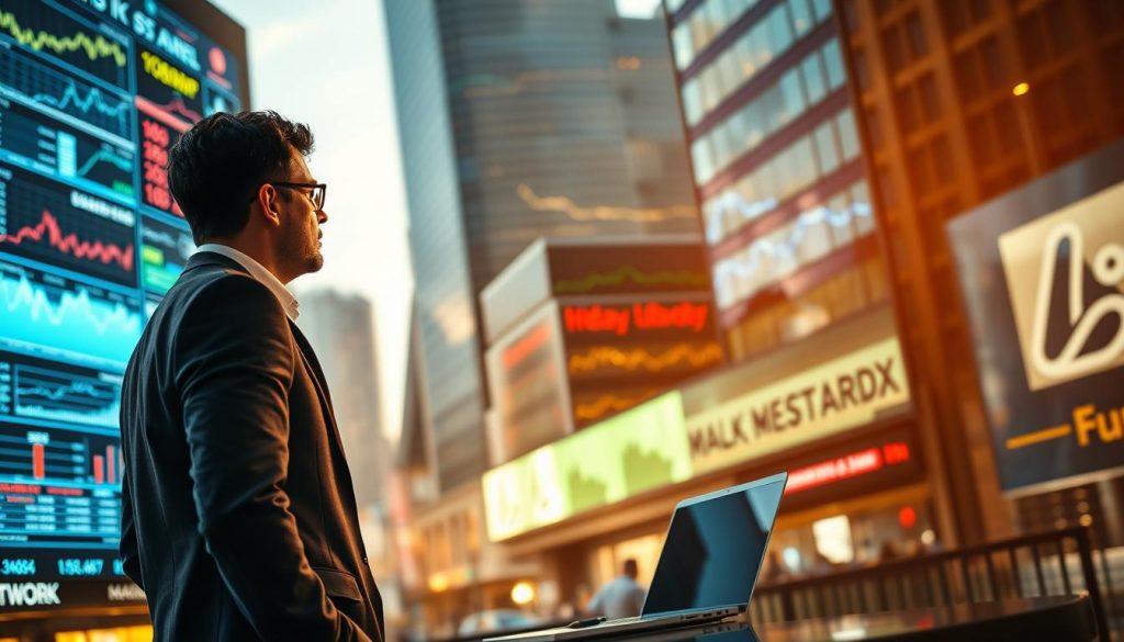 A pensive investor standing amidst a bustling financial district, gazing at a large screen displaying various market indicators and data visualizations. The scene is bathed in a warm, golden light, creating a contemplative atmosphere. In the background, a towering skyscraper skyline represents the financial powerhouse of the United Kingdom, while the middle ground features a desk with a laptop, pen, and notebook, suggesting the investor's deep analysis and decision-making process. The overall composition conveys the idea of a thoughtful, strategic approach to navigating the evolving economic landscape.
