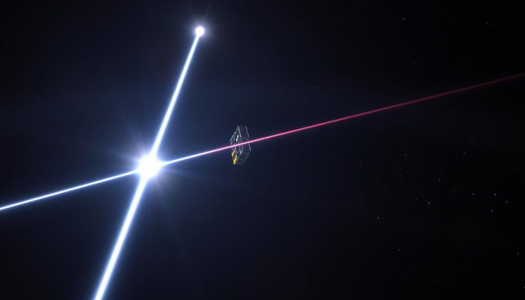 A powerful 2-watt laser emitting a concentrated beam of coherent light, piercing through the darkness of the night sky. The laser is mounted on a high-tech satellite, its sleek and angular chassis cutting through the void. In the background, a constellation of other satellites shimmers, hinting at a larger network. The beam's intensity is palpable, radiating a sense of technological prowess and the capability to transmit data across vast distances. The overall scene evokes a sense of China's advancements in laser-based satellite communication, a new challenge to the dominance of established systems like Starlink.