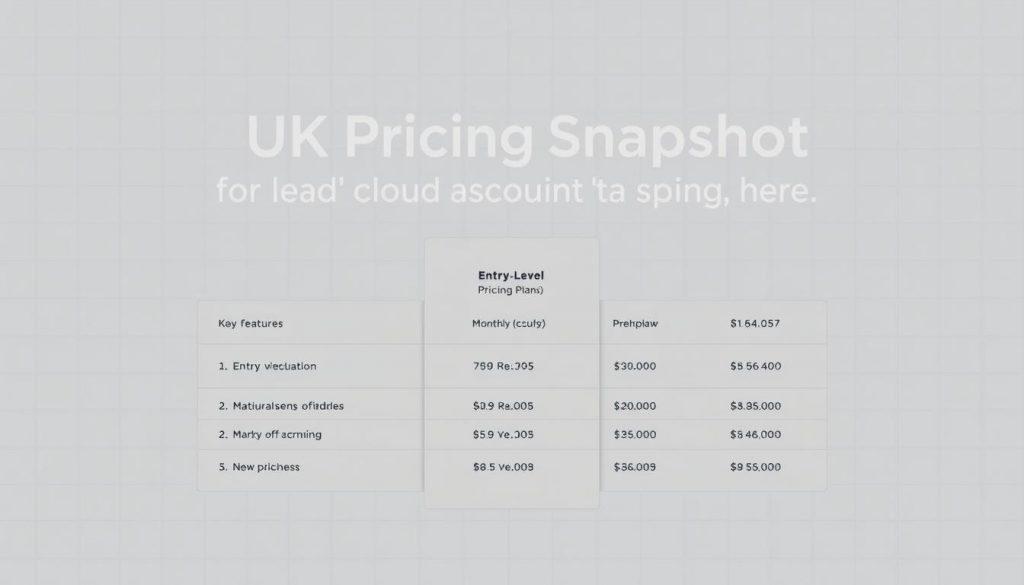 A professional, clean, and well-designed visual representation of a UK pricing snapshot for leading cloud accounting software. The image should feature a central table or grid displaying the entry-level pricing plans, key features, and monthly costs for the top 3 software solutions. The background should have a subtle grid or graph pattern, conveying a sense of data and analytics. The overall lighting should be soft and diffused, creating a high-quality, high-contrast look and feel. The composition should be balanced and elegant, with ample white space to make the pricing information clear and easy to read.
