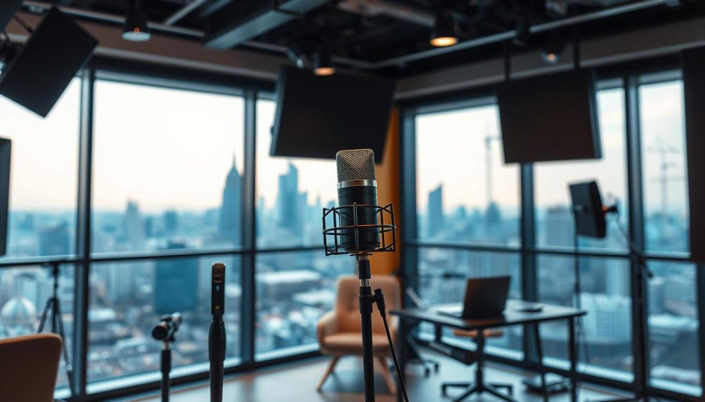 A professional recording studio set against the backdrop of a bustling industrial city. In the foreground, a high-quality microphone stands ready, surrounded by audio equipment and sound-absorbing panels. The middle ground features a comfortable chair and a desk with a laptop, representing the podcast host's workstation. In the background, the skyline is visible through large windows, conveying a sense of urban energy and innovation. Soft, directional lighting illuminates the scene, creating a warm and inviting atmosphere suitable for an industry-focused podcast recording session.