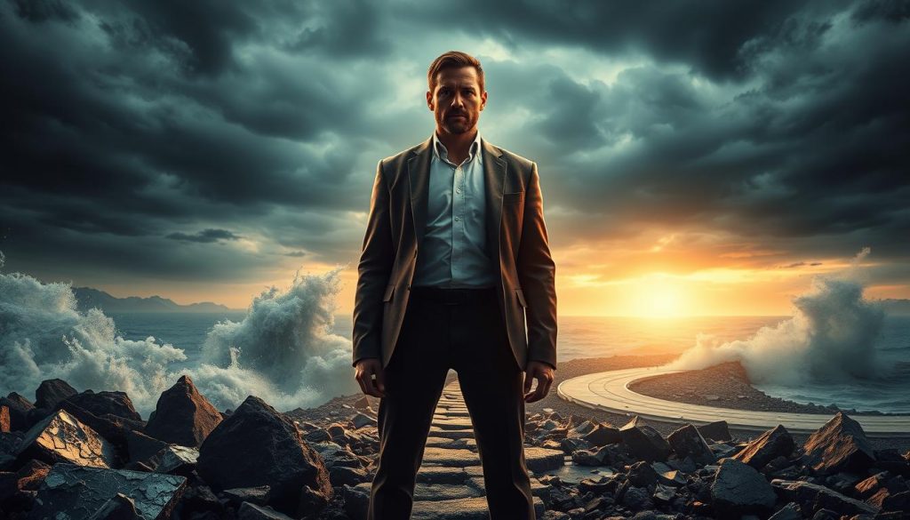 A resilient and determined business leader stands tall, facing a stormy, turbulent background. Soft, warm lighting illuminates their focused expression, conveying a sense of unwavering strength and perseverance. In the foreground, shattered glass and rubble symbolize past challenges, now transformed into stepping stones for growth. The middle ground features a winding path, representing the non-linear journey of entrepreneurship, leading towards a distant, sun-dappled horizon. The overall atmosphere exudes a sense of optimism and the belief that every setback can be an opportunity to adapt, innovate, and emerge even stronger.