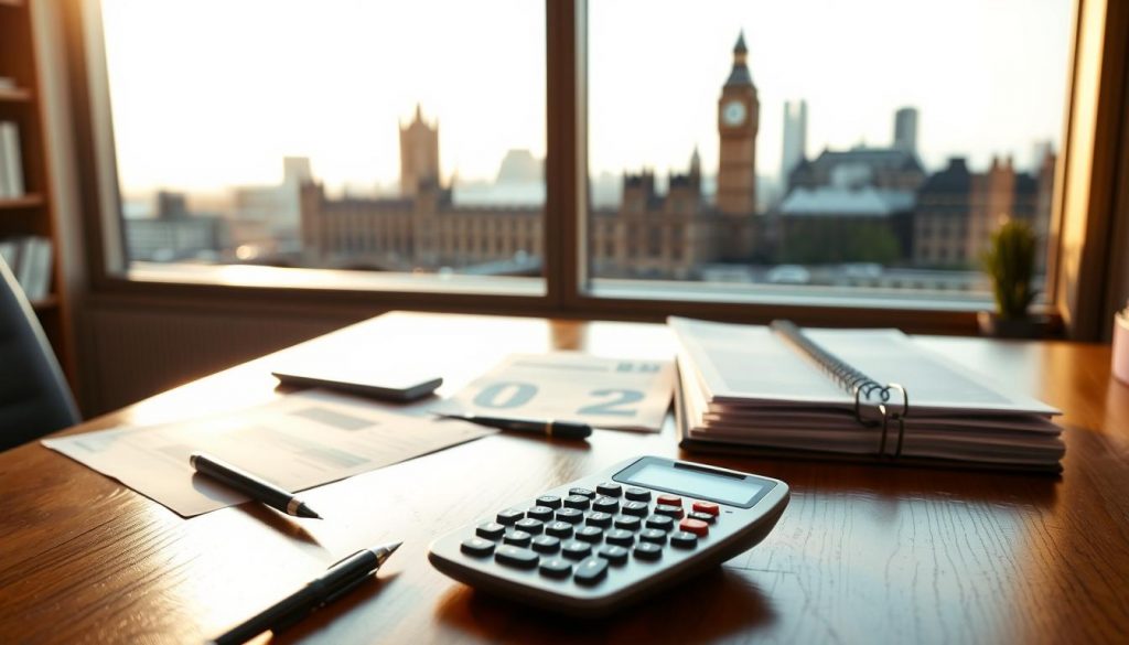A serene and professional office setting, capturing the essence of personal finance in the UK. In the foreground, a wooden desk adorned with a calculator, pen, and meticulously organized papers, evoking a sense of diligence and attention to detail. In the middle ground, a large window frames a cityscape of London's iconic landmarks, including the Big Ben and the River Thames, creating a sense of grounding and context. The background is bathed in warm, natural lighting, casting a soft glow over the scene and exuding an air of tranquility and expertise. The overall composition conveys the idea of thoughtful financial management in the UK, complementing the article's subject matter.
