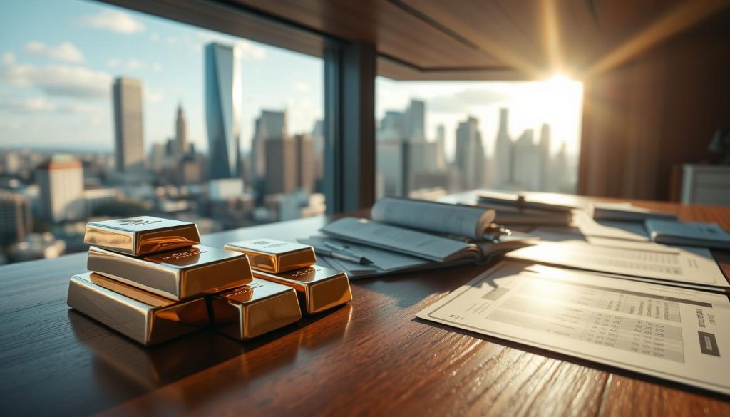 A serene and tranquil scene of capital gains, captured with a cinematic, wide-angle lens. In the foreground, a stack of gold bullion bars glimmers under warm, soft lighting, casting long shadows on the polished mahogany surface. The middle ground features a meticulously arranged portfolio of diverse financial instruments, including stocks, bonds, and real estate documents. In the background, a panoramic view of a bustling financial district, with towering skyscrapers and a vibrant cityscape. The atmosphere conveys a sense of wealth, stability, and the steady accumulation of investment returns over time.