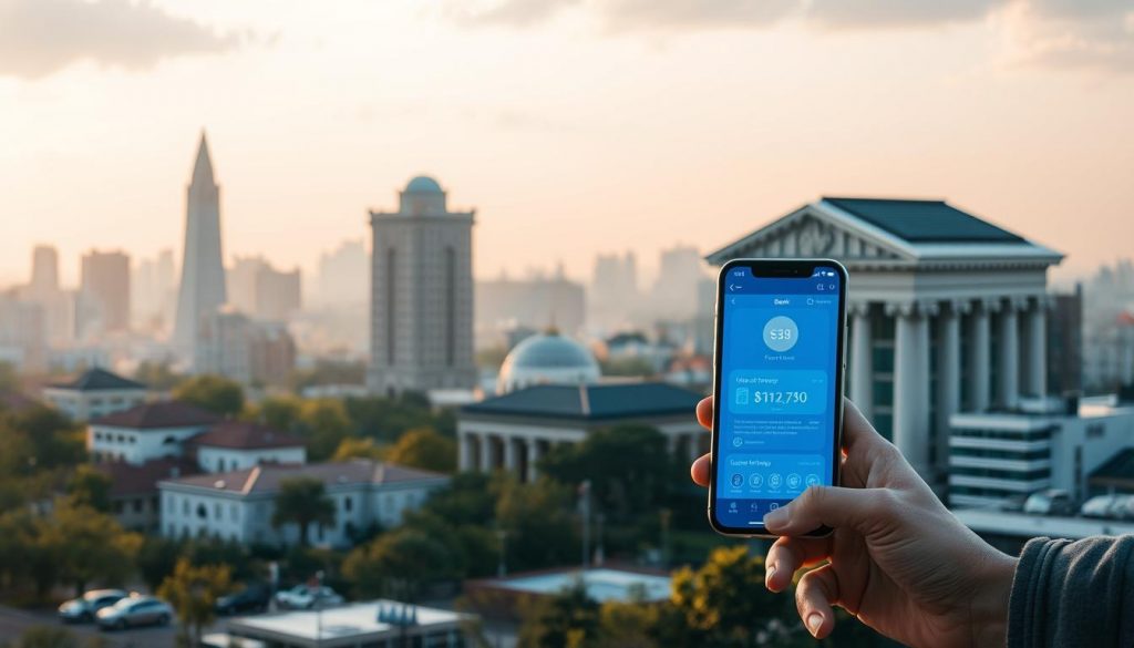 A serene financial landscape unfolds, with traditional bank buildings situated amidst a modern cityscape. In the foreground, digital banking interfaces and mobile devices seamlessly integrate with everyday transactions, showcasing the embedded finance approaches that are transforming the industry. Soft, diffused lighting casts a warm glow, highlighting the harmonious coexistence of legacy and innovative financial solutions. The composition conveys a sense of progress and adaptation, as traditional banks navigate the evolving landscape to unlock new revenue streams.