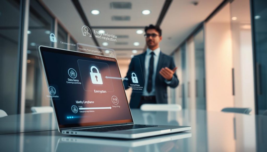 A sleek, minimalist office interior bathed in soft, warm lighting. In the foreground, a laptop screen displays a secure data transfer interface, surrounded by a subtle holographic overlay highlighting encryption protocols and identity verification. In the middle ground, a businessperson gestures intuitively, emphasizing the importance of data privacy and compliance. The background features architectural elements like clean lines, frosted glass partitions, and muted color palettes, conveying a sense of trust, professionalism, and technological sophistication. The overall atmosphere is one of digital security, institutional collaboration, and forward-thinking corporate finance.