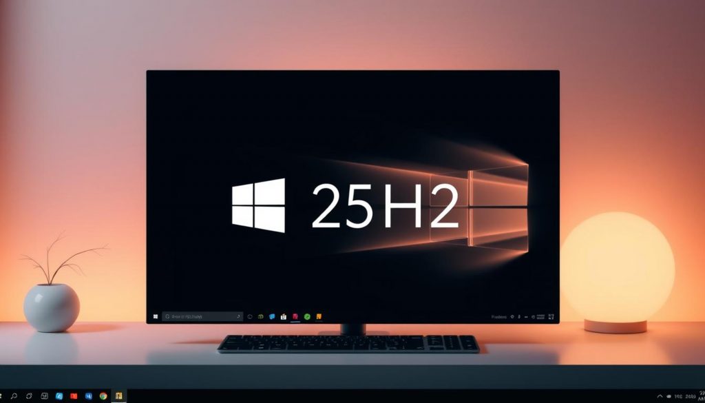A sleek, modern desktop interface with a prominent "25H2" logo prominently displayed, surrounded by subtle design elements that evoke the latest Windows 11 update. The scene is bathed in warm, soft lighting, creating a welcoming and inviting atmosphere. The layout is clean and uncluttered, with a balanced composition that draws the viewer's attention to the key focal point. The overall aesthetic conveys a sense of refinement, innovation, and user-friendliness, reflecting the essence of the Windows 11 25H2 update.