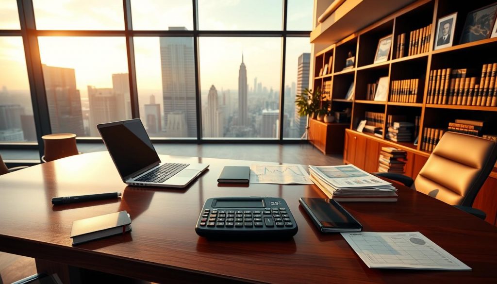 A sleek, modern office space filled with the tools of financial investment. In the foreground, a polished mahogany desk with a laptop, calculator, and neat stacks of documents. The middle ground showcases a large floor-to-ceiling window overlooking a bustling cityscape, casting a warm, golden glow throughout the room. The background is adorned with shelves of financial tomes and framed market charts, conveying a sense of expertise and authority. The overall atmosphere is one of professionalism, calculated risk, and the pursuit of growth, reflecting the high-stakes world of investment and its consequences for access and affordability.