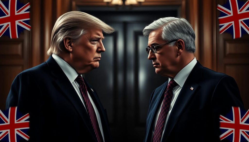 A sophisticated, high-contrast portrait featuring Donald Trump and Keir Starmer in deep discussion, their faces lit by dramatic shadows and highlights. The two political leaders stand in an elegant, wood-paneled room, their expressions intense as they engage in a tense negotiation. The background is slightly blurred, drawing the viewer's focus to the central figures and the charged atmosphere between them. Hints of Union Jack and American flag motifs subtly frame the scene, hinting at the international dynamics at play. The overall mood is one of high-stakes political maneuvering, capturing the essence of the "Trump-Starmer dynamics" shaping this important state visit.
