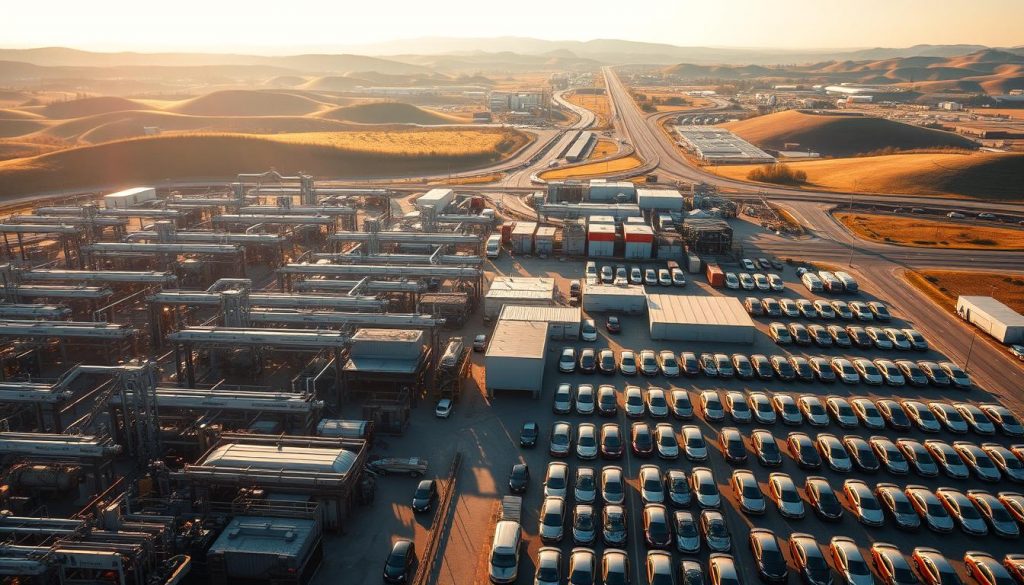 A sprawling factory complex nestled amidst rolling hills, bathed in warm afternoon light. Towering production lines and robotic assembly cells hum with precision, manufacturing engines, transmissions, and other automotive components. Rows of gleaming new vehicles await delivery, their metallic surfaces catching the sun's rays. In the distance, a network of roads and railways connect this industrial hub to distribution centers and dealerships. The atmosphere is one of focused efficiency, a testament to the relentless pursuit of quality and productivity that drives the automotive industry forward.