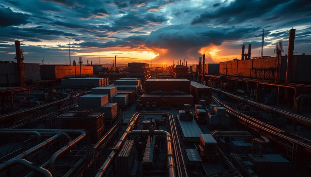 A sprawling industrial complex, its buildings casting long shadows as the sun sets. In the foreground, a tangle of pipes, conveyor belts, and forklifts, symbolizing the intricate flow of materials and goods. The middle ground features a group of workers, faces obscured, navigating the chaos with a sense of quiet determination. In the background, a looming storm on the horizon, its ominous clouds hinting at the challenges and uncertainties facing the supply chain. The scene is imbued with a sense of tension and urgency, capturing the essence of the "supply chain squeeze" and the resilience of the suppliers who keep the system moving.