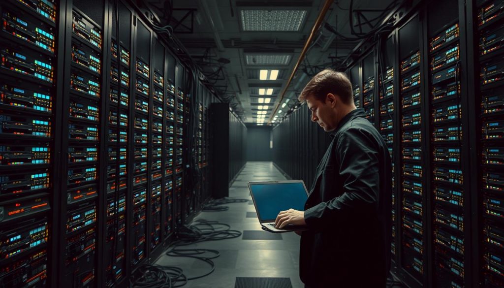 A sprawling server room with rows of towering racks, blinking lights, and cables snaking across the floor. In the foreground, a lone IT technician stands before a laptop, fingers flying across the keyboard as they attempt to restart the global applications that have been compromised by a devastating cyberattack. The air is tense, the lighting is harsh and clinical, casting deep shadows that convey a sense of urgency and crisis. The camera angles provide a dramatic, cinematic view, capturing the scale and complexity of the situation, while the technician's focused expression and body language suggest the weight of the task at hand. An atmosphere of high-stakes technological vulnerability pervades the scene.