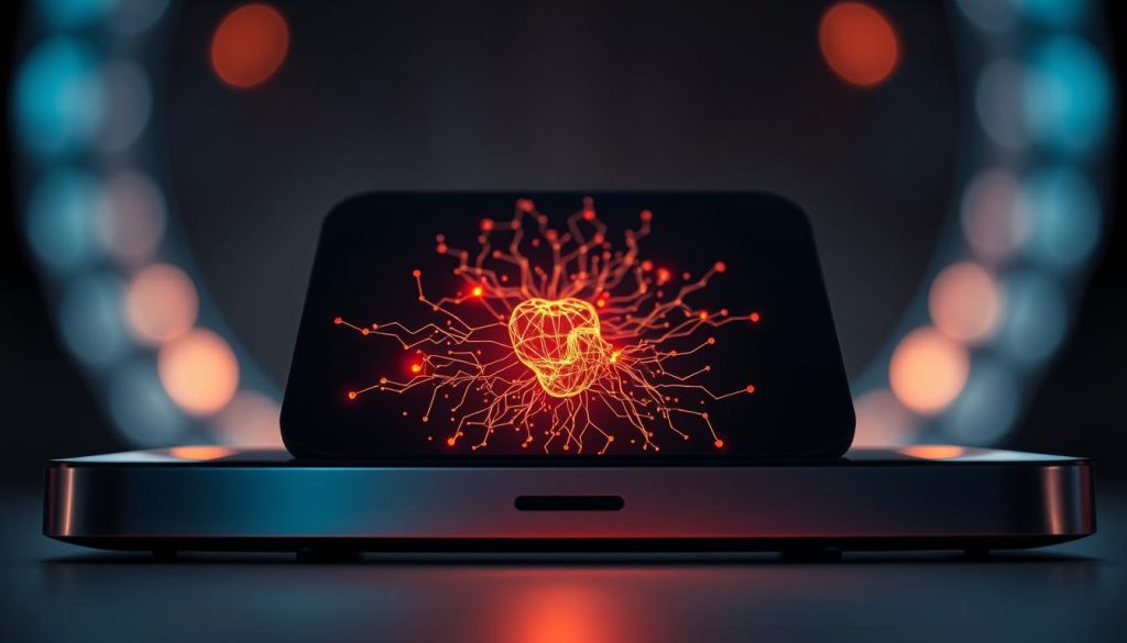 A striking close-up of an advanced AI-powered Apple device, its sleek metallic body reflecting the ambient lighting. The device's crystalline display emanates a warm, pulsing glow, visualizing the intricate neural networks powering its intelligent capabilities. The background is hazy and out of focus, drawing the viewer's attention to the device's cutting-edge technology. Subtle hints of the device's sophisticated design elements, such as the iconic Apple logo, are visible, underscoring its premium, high-tech nature. The overall mood is one of awe and wonder at the boundless potential of Apple's latest AI innovations on iOS 26.