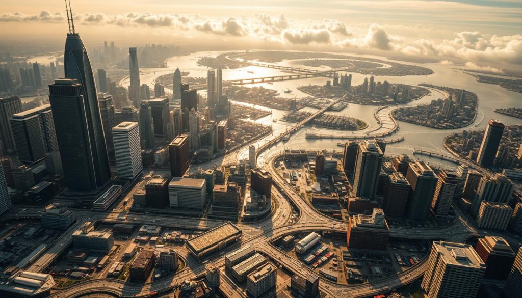 A sweeping aerial view of the global economic landscape, with towering skyscrapers and bustling cityscapes set against a backdrop of swirling currents and eddies. In the foreground, a tangle of interconnected supply chains, logistics networks, and trade routes, capturing the intricate web of global factors influencing domestic prices. The middle ground features a diverse array of consumers, from harried shoppers to contemplative analysts, each navigating the shifting tides of the marketplace. In the distance, the horizon is dotted with storm clouds, hinting at the lingering global headwinds shaping the economic climate. The scene is bathed in a warm, golden light, evoking a sense of both opportunity and uncertainty. Composed with a cinematic lens, the image conveys the complexity and dynamism of the global factors at play.