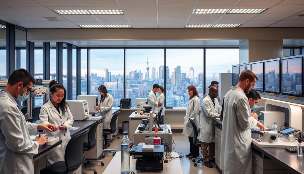 A team of diverse researchers collaborating in a well-equipped modern laboratory. In the foreground, scientists in lab coats examine samples and analyze data on sleek workstations. The middle ground showcases an array of state-of-the-art scientific equipment, from centrifuges to microscopes, bathed in the soft glow of ambient lighting. In the background, a wall of floor-to-ceiling windows offers a panoramic view of a vibrant city skyline, symbolizing the global reach and impact of the institution's groundbreaking work. The overall scene conveys a sense of innovation, discovery, and the UK's leadership in the world of research and development.