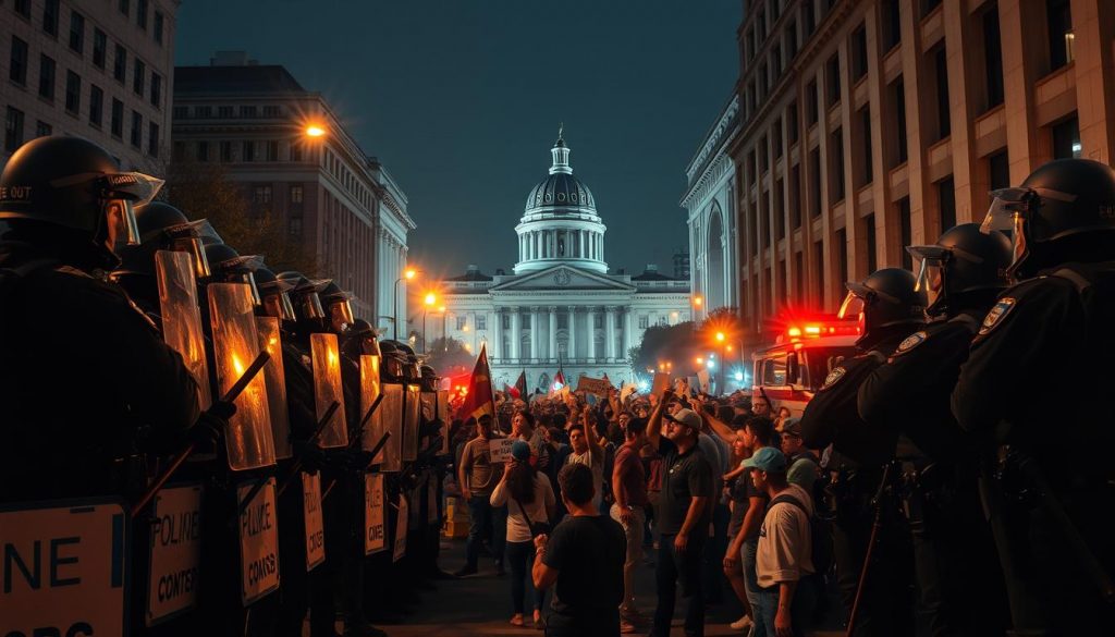 A tense urban street scene, illuminated by the warm glow of streetlights and flashing police sirens. In the foreground, a line of heavily-armored riot police stand shoulder-to-shoulder, batons at the ready as they face off against a crowd of protesters. Tension fills the air, the crowd's chants and the officers' commands echoing through the night. The middle ground is a chaotic mix of demonstrators, some with raised fists, others attempting to deescalate the situation. In the background, the towering facades of government buildings loom, a reminder of the power structures at play. The lighting is dramatic, casting dramatic shadows and highlights that convey the gravity of the moment. This is a scene of public order hanging in the balance, a clash of ideologies and authority that demands careful documentation.