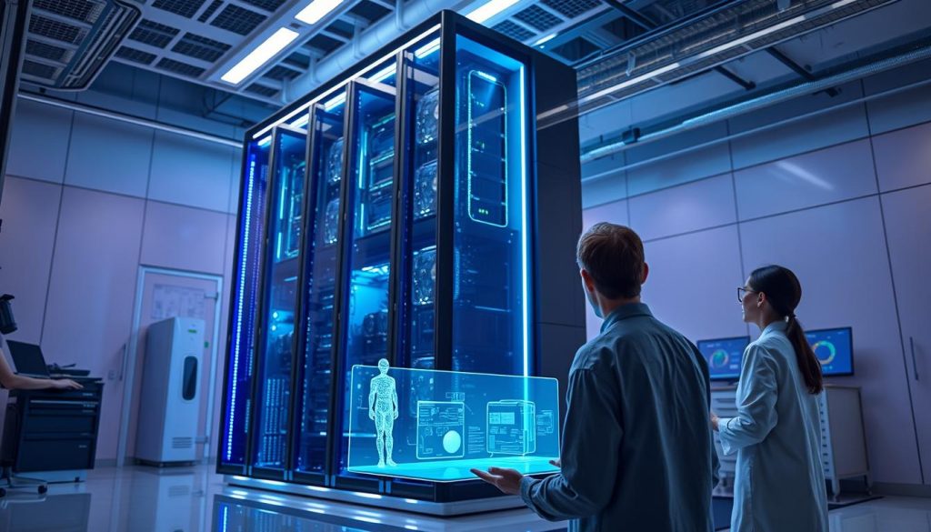 A towering supercomputer casting a futuristic glow, its intricate circuitry and cooling systems visible, standing in a sleek, modern lab setting. In the foreground, an AI assistant engages with a researcher, their interaction displayed on a holographic interface. The atmosphere is one of innovation and technological advancement, the scene conveying the power of AI and supercomputing to drive progress and new opportunities.