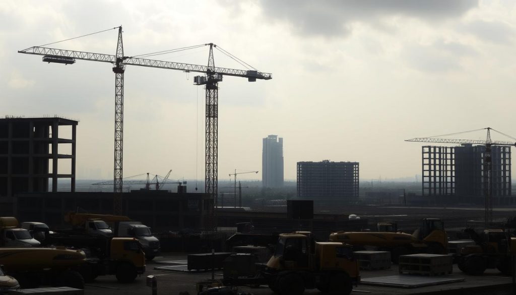 A vast construction site on a cloudy day, with a fleet of heavy machinery in the foreground. In the middle ground, a towering crane lifts a massive steel beam, casting dramatic shadows across the scene. In the background, a partially built high-rise structure rises against the hazy skyline. The lighting is soft and diffused, creating a sense of depth and atmosphere. Captured through a wide-angle lens, the composition emphasizes the scale and scope of the industrial landscape.