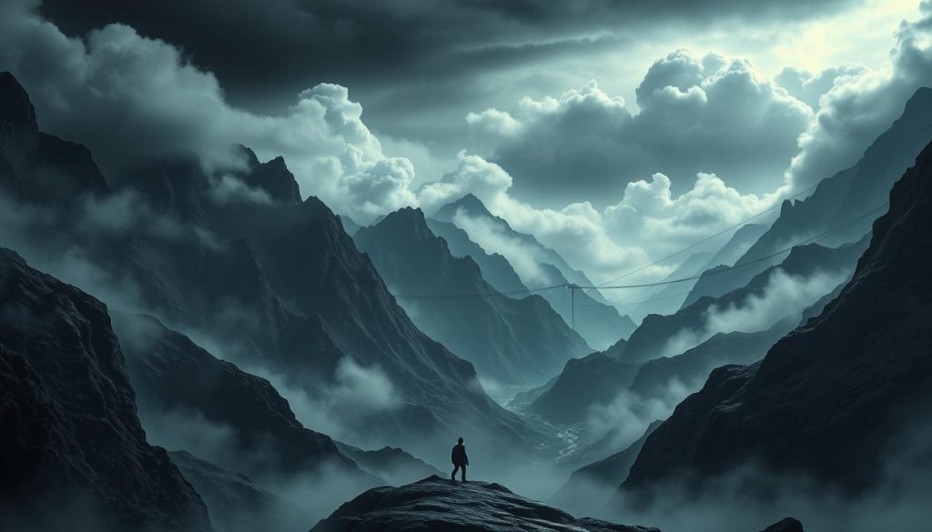 A vast expanse of a volatile financial landscape, with towering peaks of uncertainty and deep valleys of risk. In the foreground, a solitary figure navigates this treacherous terrain, their path obscured by swirling clouds of volatility. Cascading numbers and charts dance in the middle ground, reflecting the ever-changing nature of capital at risk. In the background, a looming shadow of unattained goals casts a pall over the scene, a stark reminder of the consequences of underestimating the power of risk. Dramatic lighting and a sense of foreboding atmosphere heighten the sense of unease, inviting the viewer to confront the realities of risk and their impact on investment outcomes.