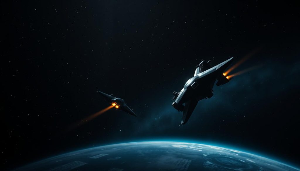A vast expanse of the night sky, illuminated by the glow of distant stars. In the foreground, two sleek and futuristic spacecraft, their silhouettes casting long shadows against the inky blackness. The vehicles are locked in a graceful dance, their engines burning brightly as they maneuver around each other, locked in an intense competition for dominance in the new frontier of space exploration. The middle ground is a hazy, atmospheric blend of shadows and highlights, hinting at the technological complexity and high-stakes nature of this &quot;second space race.&quot; The background is a tapestry of distant planets, nebulae, and the shimmering aurora of an alien world, conveying a sense of the vastness and untapped potential of the cosmos. The lighting is dramatic, with sharp contrasts and deep shadows, evoking a sense of tension and urgency. The camera angle is low and dynamic, capturing the energy and power of the competing spacecraft as they race across the heavens.